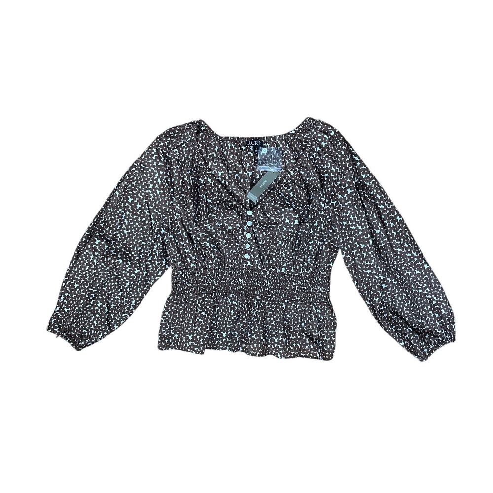 J. Crew Brown and Cream Smocked Peplum Blouse - Picture 2 of 7